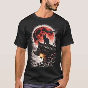 Black Cat on Pagoda Roof, Red Moon - Japanese Art T-Shirt