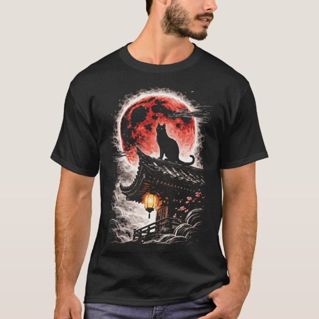 Black Cat on Pagoda Roof, Red Moon - Japanese Art T-Shirt (Front)