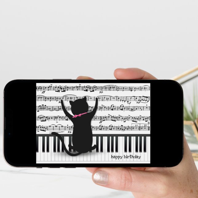 black cat on piano birthday card (Front Digital)