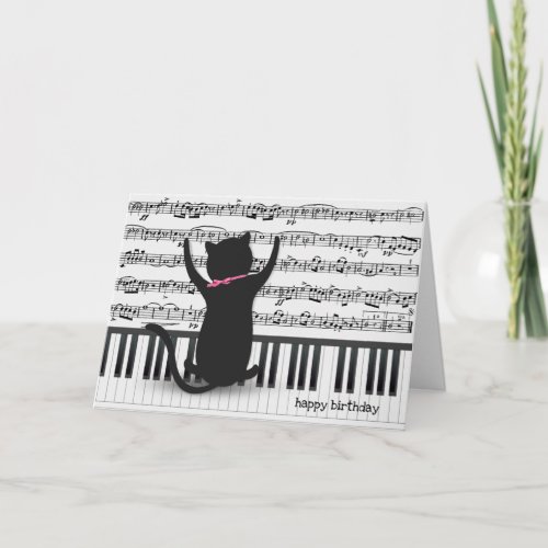 black cat on piano birthday card