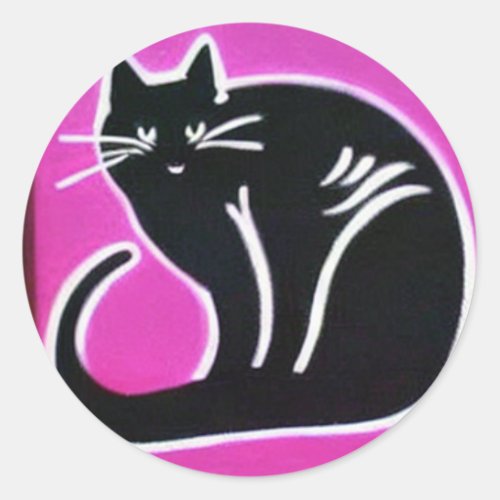Black Cat On Pink Background Whimsical AI Design Classic Round Sticker