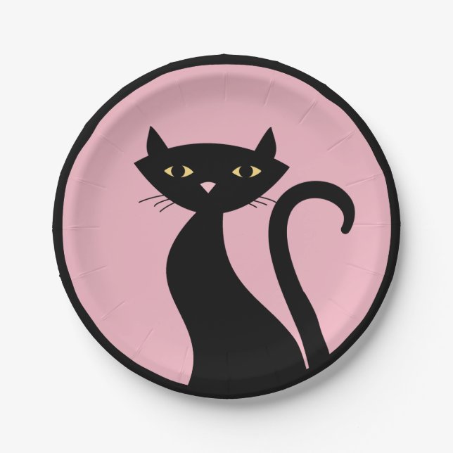 Black Cat on Pink Paper Plates (Front)