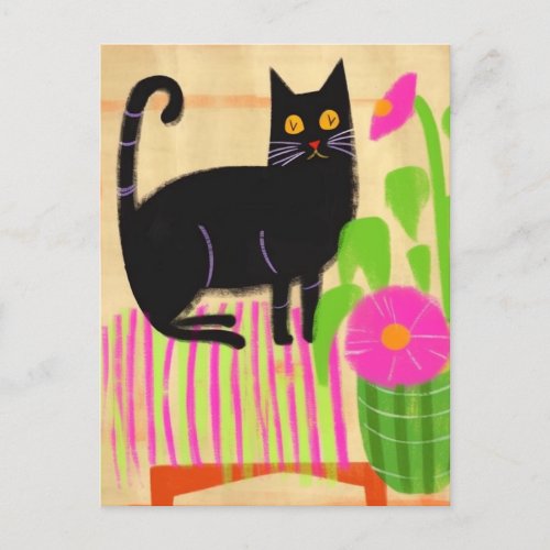 Black Cat on Pink Striped Seat Flowers Postcard