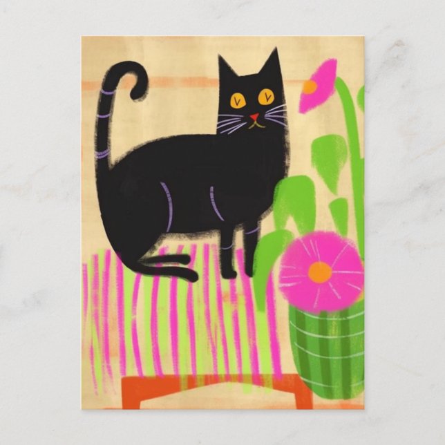 Black Cat on Pink Striped Seat Flowers Postcard (Front)