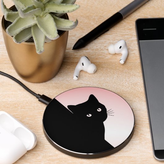 Black Cat on Pink Wireless Charger (Desk 2)