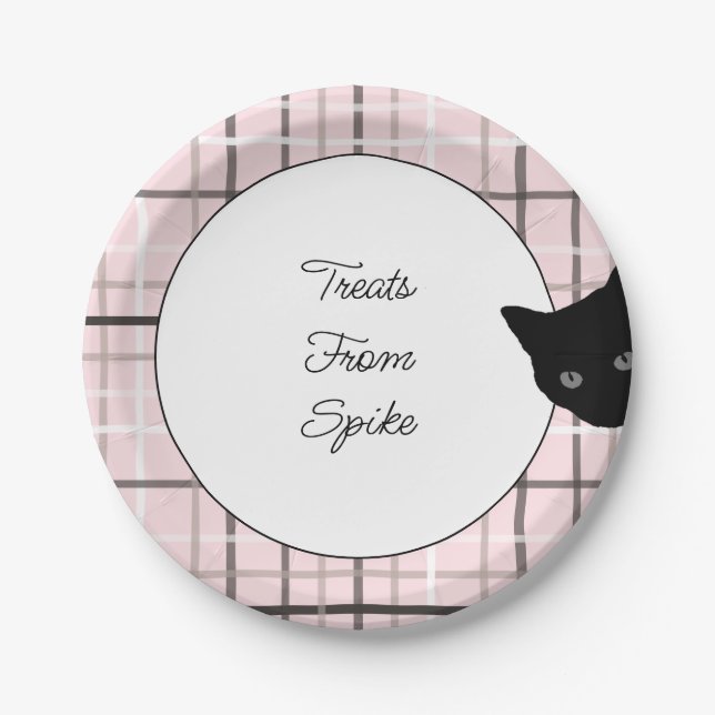 Black Cat on Plaid  Paper Plates (Front)