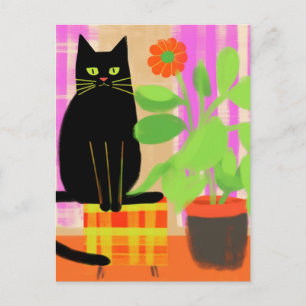 Black Cat on Plaid Seat Vintage Flower Painting Postcard