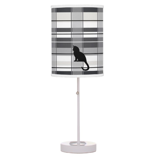 Black Cat on Plaid  Table Lamp (Front)