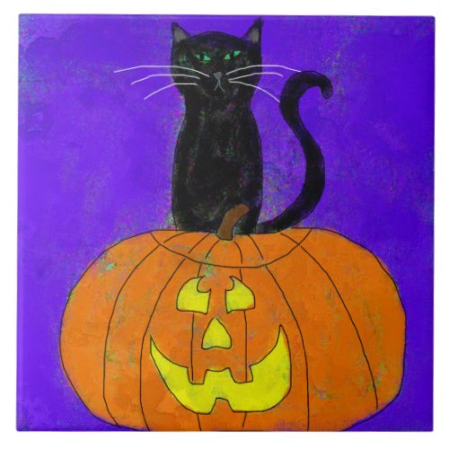 Black Cat on Pumpkin Abstract Halloween Art Ceramic Tile