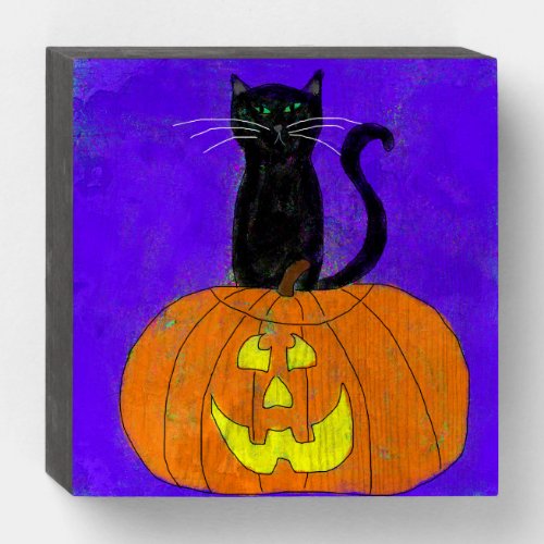 Black Cat on Pumpkin Abstract Halloween Art Wooden Box Sign