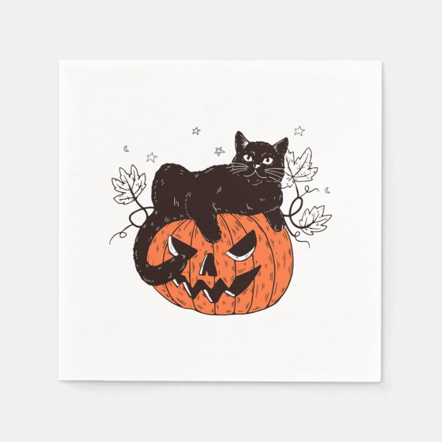 Black Cat On Pumpkin Face Halloween Costume Spooky Napkins (Front)