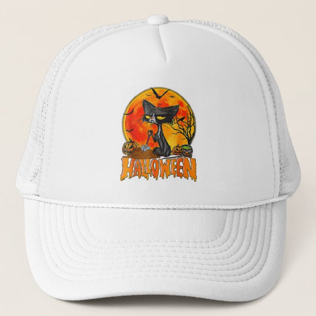 Black Cat On Pumpkin Full Moon Halloween Costume Trucker Hat (Front)