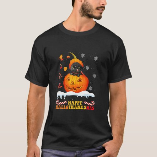 Black Cat On Pumpkin Happy Hallothanksmas  T_Shirt
