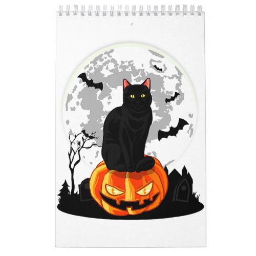 Black Cat On Pumpkin T_Shirt _ Full Moon Halloween Calendar