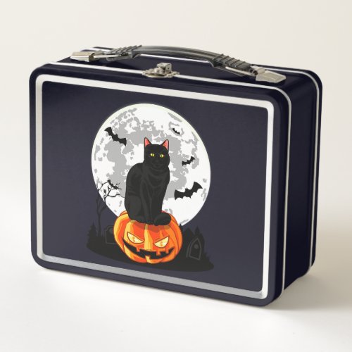 Black Cat On Pumpkin T_Shirt _ Full Moon Halloween Metal Lunch Box