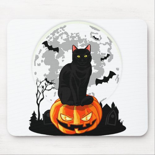 Black Cat On Pumpkin T_Shirt _ Full Moon Halloween Mouse Pad