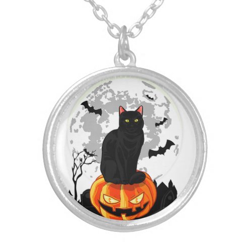 Black Cat On Pumpkin T_Shirt _ Full Moon Halloween Silver Plated Necklace