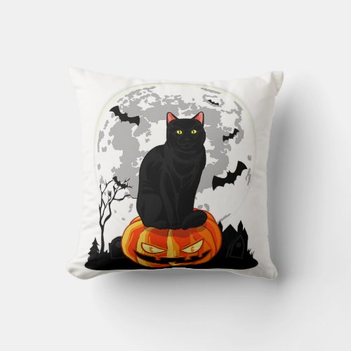 Black Cat On Pumpkin T_Shirt _ Full Moon Halloween Throw Pillow