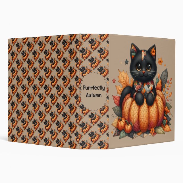 Black Cat on Pumpkin with Autumn Quilt Pattern 3 Ring Binder (Background)