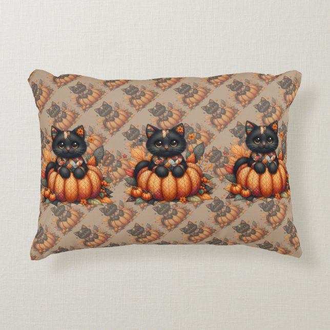 Black Cat on Pumpkin with Autumn Quilt Pattern Accent Pillow (Front)
