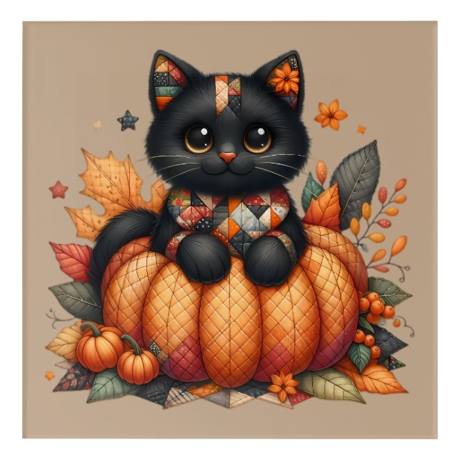 Black Cat on Pumpkin with Autumn Quilt Pattern Acrylic Print (Front)