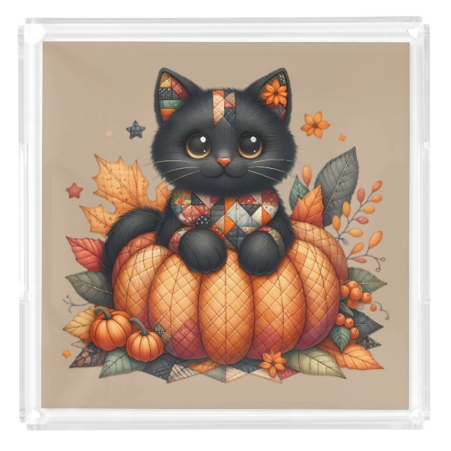Black Cat on Pumpkin with Autumn Quilt Pattern Acrylic Tray (Front)