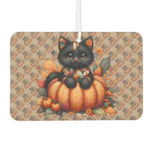 Black Cat on Pumpkin with Autumn Quilt Pattern Air Freshener