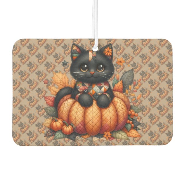 Black Cat on Pumpkin with Autumn Quilt Pattern Air Freshener (Front)