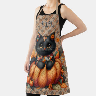 Black Cat on Pumpkin with Autumn Quilt Pattern Apron