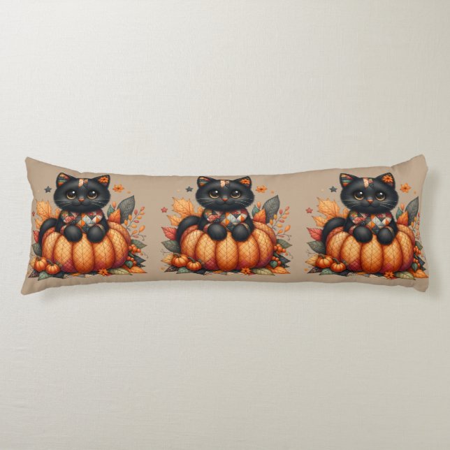 Black Cat on Pumpkin with Autumn Quilt Pattern Body Pillow (Front)