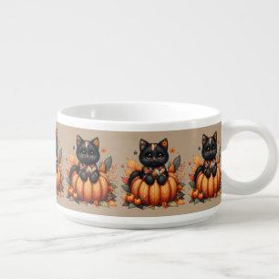Black Cat on Pumpkin with Autumn Quilt Pattern Bowl