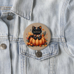 Black Cat on Pumpkin with Autumn Quilt Pattern Button