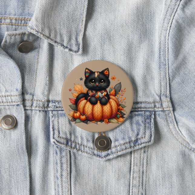 Black Cat on Pumpkin with Autumn Quilt Pattern Button (In Situ)
