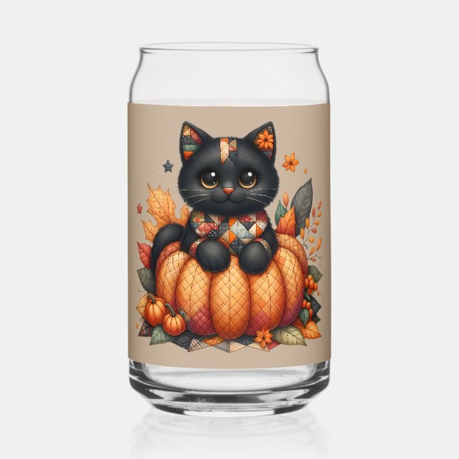 Black Cat on Pumpkin with Autumn Quilt Pattern Can Glass (Front)
