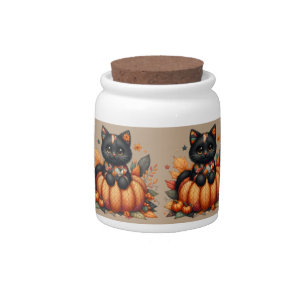 Black Cat on Pumpkin with Autumn Quilt Pattern Candy Jar