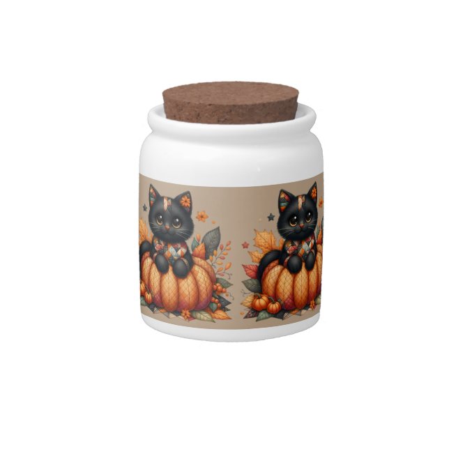 Black Cat on Pumpkin with Autumn Quilt Pattern Candy Jar (Front)