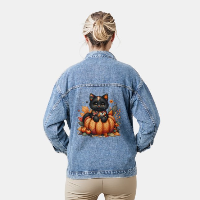 Black Cat on Pumpkin with Autumn Quilt Pattern Denim Jacket (Model)