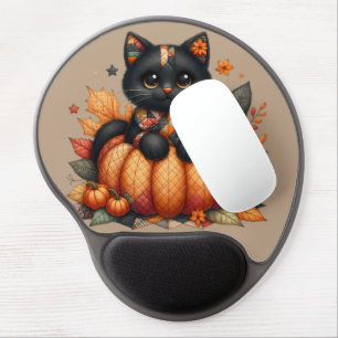 Black Cat on Pumpkin with Autumn Quilt Pattern Gel Mouse Pad