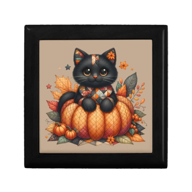 Black Cat on Pumpkin with Autumn Quilt Pattern Gift Box (Front)