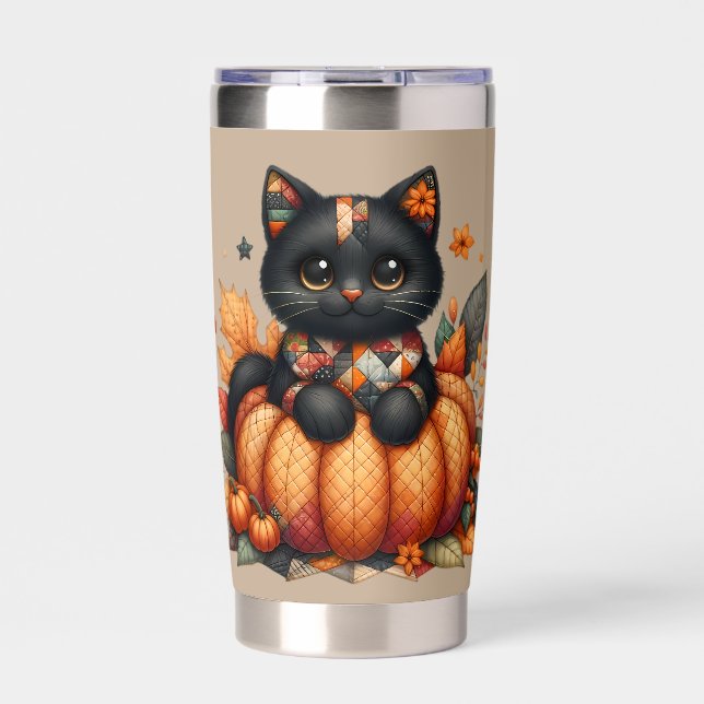 Black Cat on Pumpkin with Autumn Quilt Pattern Insulated Tumbler (Front)