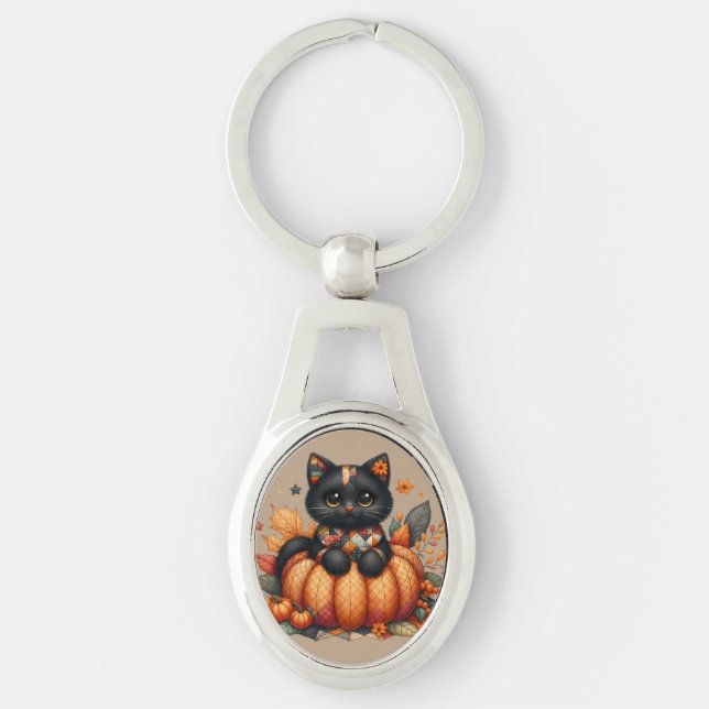 Black Cat on Pumpkin with Autumn Quilt Pattern Keychain (Front)