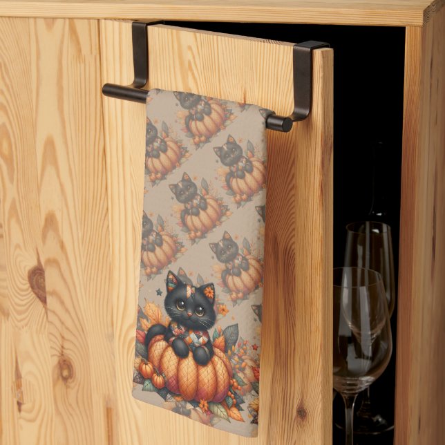Black Cat on Pumpkin with Autumn Quilt Pattern Kitchen Towel (Thirds Fold)
