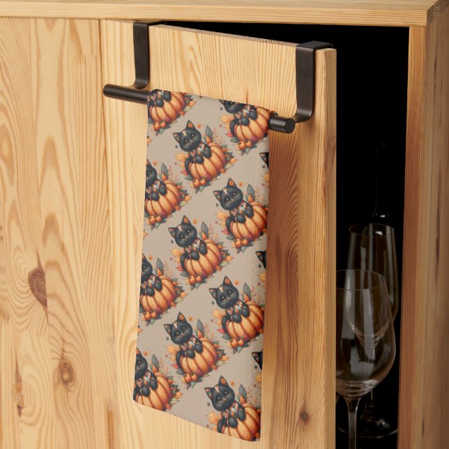 Black Cat on Pumpkin with Autumn Quilt Pattern Kitchen Towel (Thirds Fold)