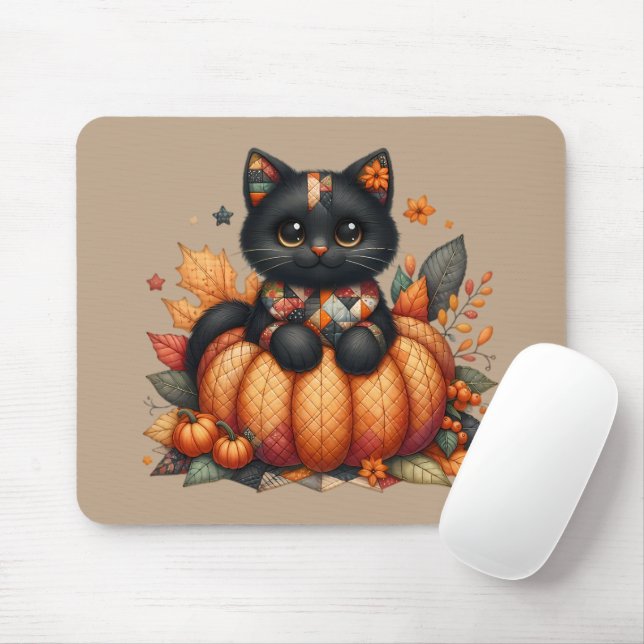 Black Cat on Pumpkin with Autumn Quilt Pattern Mouse Pad (With Mouse)