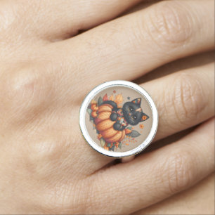 Black Cat on Pumpkin with Autumn Quilt Pattern Ring
