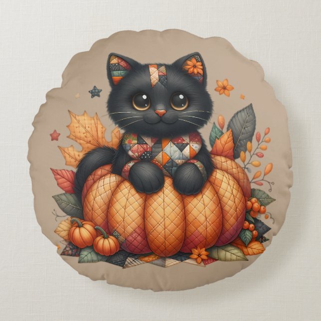 Black Cat on Pumpkin with Autumn Quilt Pattern Round Pillow (Front)