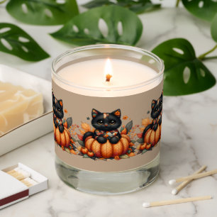 Black Cat on Pumpkin with Autumn Quilt Pattern Scented Candle