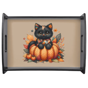 Black Cat on Pumpkin with Autumn Quilt Pattern Serving Tray