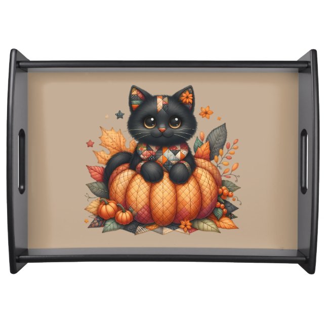 Black Cat on Pumpkin with Autumn Quilt Pattern Serving Tray (Front)