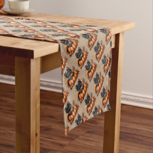 Black Cat on Pumpkin with Autumn Quilt Pattern Short Table Runner